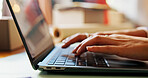 Hands, business and person typing on laptop for stock check, planning logistics and checklist. Woman, digital and review sale for online orders, inventory management and schedule delivery as designer