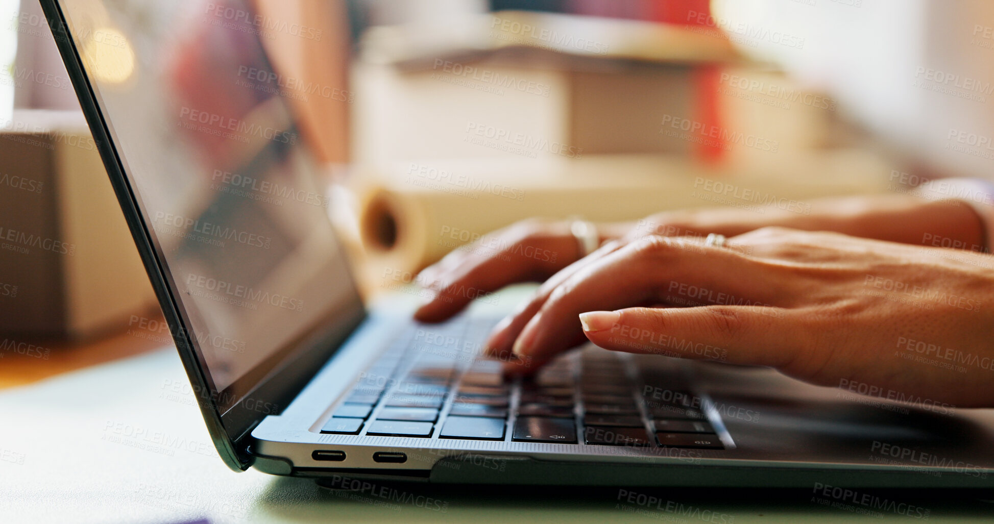 Buy stock photo Hands, business and person typing on laptop for stock check, planning logistics and checklist. Woman, digital and review sale for online orders, inventory management and schedule delivery as designer