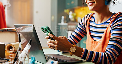 Buy stock photo Hands, woman and typing on phone of small business for stock check, planning logistics and checklist. Person, mobile and review feedback with online orders, inventory management and schedule delivery