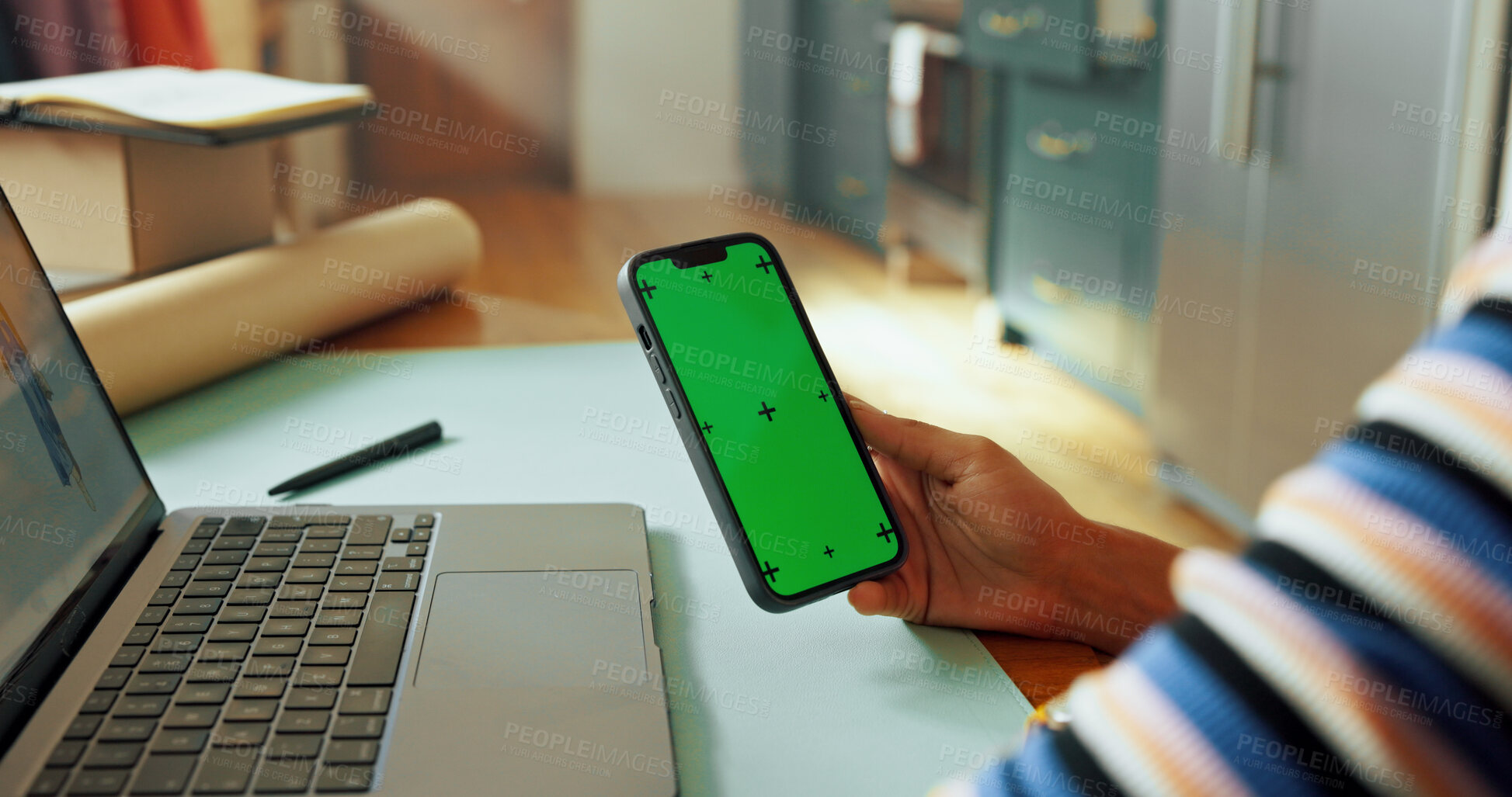 Buy stock photo Hand, phone and green screen for small business, mockup and fashion boutique startup with online sales. Designer, woman and website space for internet store, retail ecommerce or quality control