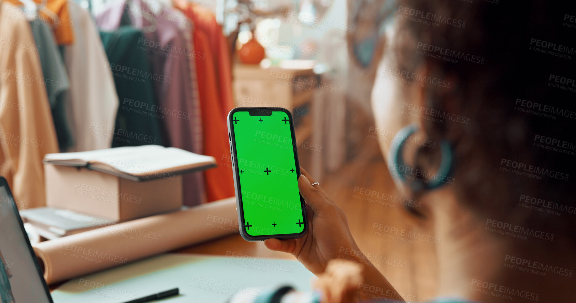 Buy stock photo Hand, phone and green screen for small business, mockup and fashion boutique startup with online sales. Designer, technology and website space for internet store, retail ecommerce or quality control