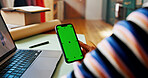 Hand, phone and green screen for small business, designer and fashion boutique startup with online sales. Mockup, woman and website space for internet store, retail ecommerce or quality control
