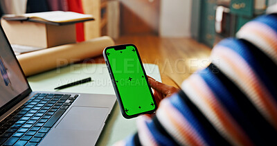 Buy stock photo Hand, phone and green screen for small business, designer and fashion boutique startup with online sales. Mockup, woman and website space for internet store, retail ecommerce or quality control