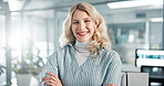 Portrait, business and woman in office, arms crossed and smile with confidence, writer and pride. Face, happy person and journalist in workplace, career ambition and editor with break and skills