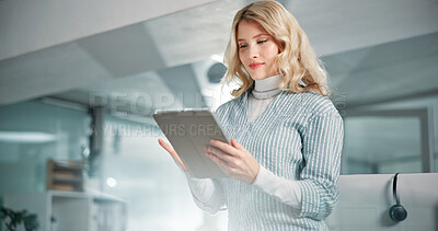 Buy stock photo Research, review and woman on tablet in finance for online report, taxes and audit. Business, digital or banker reading news on touchscreen in financial agency for equity, stock and investment growth