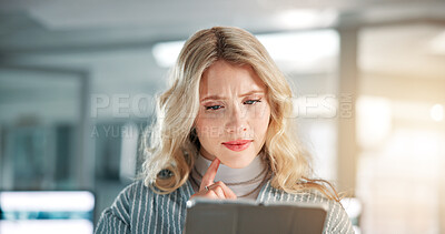 Buy stock photo Research, thinking and woman on tablet in finance for reading online report, taxes or audit. Business, profit or banker with economy news with ideas for financial equity, review or investment growth