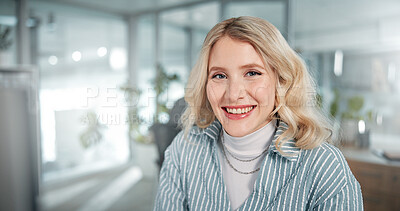Buy stock photo Portrait, business or happy woman on computer in finance office for online report, taxes or audit. Night, review and proud banker with smile in financial agency for equity, stock or investment growth