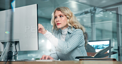 Buy stock photo Reading, agency or woman on computer in finance office for online report, taxes or audit. Research, review and banker reading news on desktop in financial firm for equity, stock or investment growth