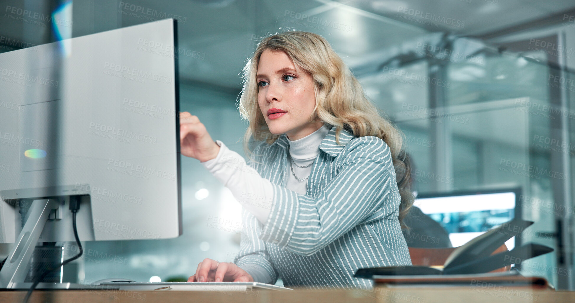 Buy stock photo Reading, agency or woman on computer in finance office for online report, taxes or audit. Research, review and banker reading news on desktop in financial firm for equity, stock or investment growth