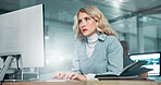Typing, agency and woman on computer in finance office for online audit, taxes or research. Night, review and banker reading update on desktop in financial firm for equity, stock or investment growth