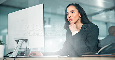 Buy stock photo Research, business and woman on computer in finance office for online report, taxes or audit. Account, review and banker typing on desktop in financial agency for equity, stock or investment growth