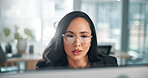 Research, glasses or woman on computer in business for online report, taxes or auditing. Auditor, review and banker reading on desktop in financial agency for banking, budget or investment growth