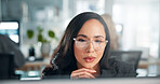 Research, glasses and woman on computer in finance office for online report, taxes or audit. Night, review and banker reading on desktop in financial agency for equity, stock or investment growth