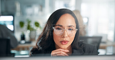 Buy stock photo Research, glasses and woman on computer in finance office for online report, taxes or audit. Check, review and banker reading on desktop in financial agency for equity, stock or investment growth