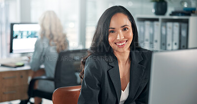 Buy stock photo Happy, confident or businesswoman on computer in finance office for online report, taxes or portrait. PC, audit or proud banker with smile in financial agency for equity, stock or investment growth