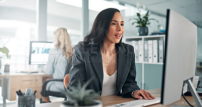Buy stock photo Research, reading and businesswoman on computer in office for online report, taxes or audit. Coworking, review and banker typing on desktop in financial agency for equity, stock or investment growth