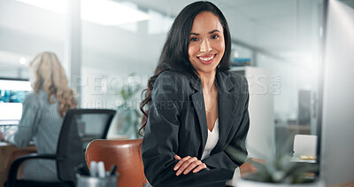 Buy stock photo Happy, confidence or businesswoman on computer in finance office for online report, taxes or portrait. PC, audit or proud banker with smile in financial agency for equity, stock or investment growth