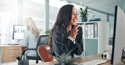 Buy stock photo Research, excited and woman on computer in finance office for online report, profit or audit. Success, review or banker with smile on desktop in financial agency for equity, news or investment growth