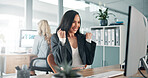 Fist pump, excited and businesswoman in office for good news, job promotion or achievement. Happy, cheering and female financial advisor with celebration for internship acceptance with target.