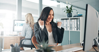 Buy stock photo Fist pump, excited and businesswoman in office for good news, job promotion or achievement. Happy, cheering and female financial advisor with celebration for internship acceptance with target.