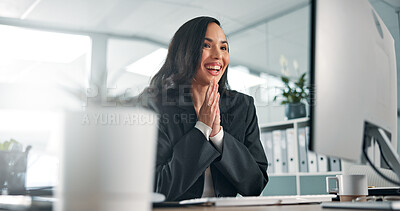 Buy stock photo News, excited and woman on computer in finance office for online report, profit or research. Success, review or banker with smile on PC in financial agency for equity, promotion or investment growth