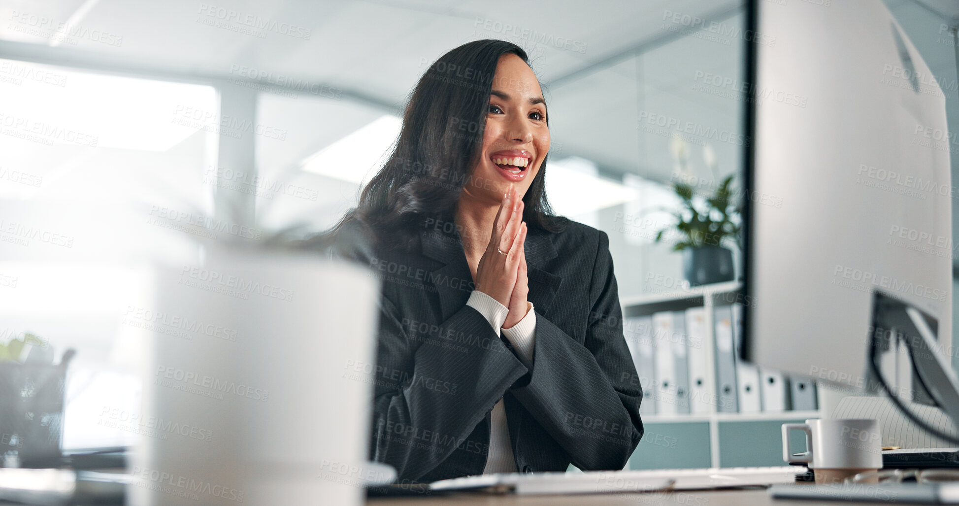 Buy stock photo News, excited and woman on computer in finance office for online report, profit or research. Success, review or banker with smile on PC in financial agency for equity, promotion or investment growth