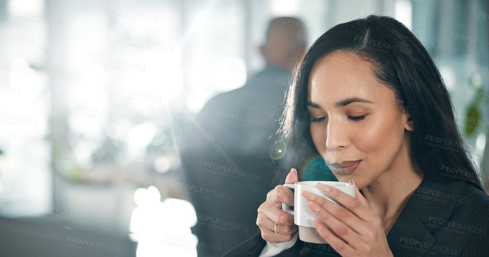 Buy stock photo Coffee, calm and businesswoman in office in morning with ideas, choice or decision. Happy, aroma and female financial advisor with cappuccino scent for planning investment proposal in workplace.