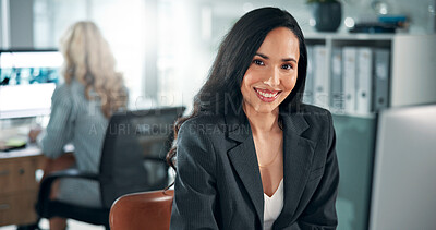 Buy stock photo Smile, confident or businesswoman in office for portrait, online report or taxes for company. Happy, audit or proud banker with computer in financial agency for equity, stock or investment growth