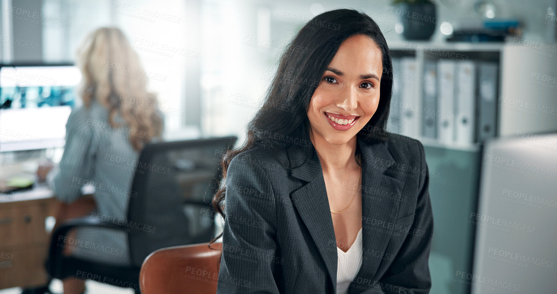 Buy stock photo Smile, confident or businesswoman in office for portrait, online report or taxes for company. Happy, audit or proud banker with computer in financial agency for equity, stock or investment growth