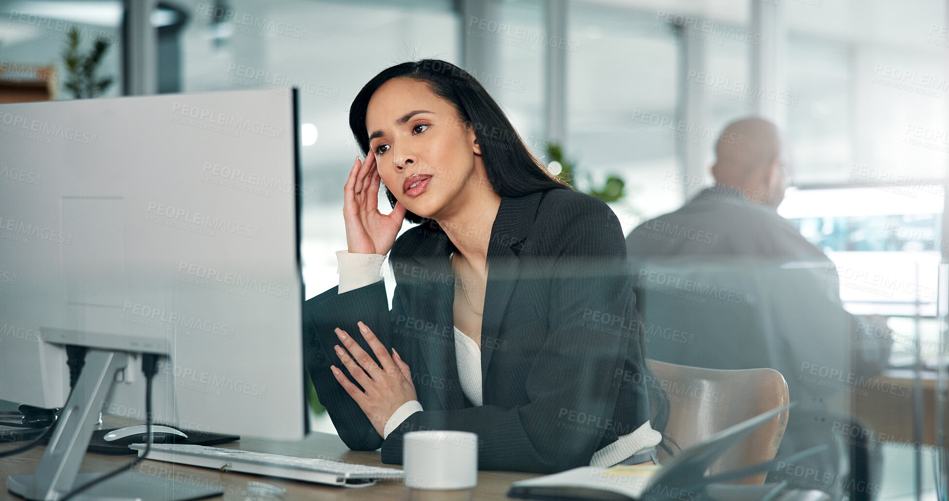 Buy stock photo Business, computer and woman with headache of reading legal research, dispute resolution fail and fatigue. Consultant, employee and tension migraine with deadline pressure, pain and corporate stress