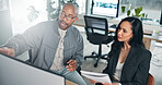 Learning, teamwork and people with documents or computer in office for report, taxes or audit. Plan, sales review or banker with manager in financial agency for equity, paperwork or investment growth