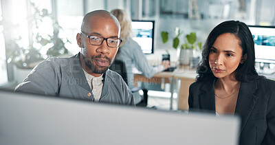Buy stock photo Collaboration, computer or training with manager and employee in office for job orientation. Coaching, conversation or development with business people in workplace together for education or learning