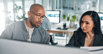 Teamwork, computer and discussion with business people in office for investor report, collaboration and accounting firm. Portfolio manager, training and feedback with employees in agency for research