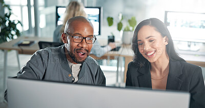 Buy stock photo Teamwork, computer and planning with business people in office for investor report, collaboration and accounting firm. Portfolio manager, training and feedback with employees in agency for research