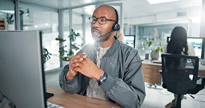 Buy stock photo Talking, office and businessman on computer for customer service, online consulting and telemarketing. Company, professional and person with headset for communication, virtual assistant and contact