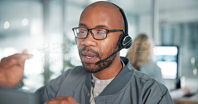 Buy stock photo Call center, communication and man with headset in office for contact us with crm. Talking, customer experience and technical support agent with audio tech for lead generation help with networking