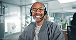 Call center, communication and portrait of black man with headset in office for contact us with crm. Talking, customer experience and happy African male technical support agent with audio tech.