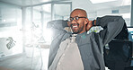 Relax, happy and black man in office with finished project for magazine agency with target. Smile, calm and African male copywriter with completed article for publishing with deadline in workplace.