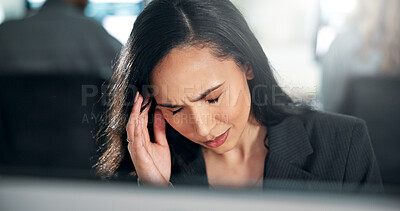 Buy stock photo Business, computer and woman with headache in office for legal research burnout, brain fog and overworked. Consultant, person and tension migraine with deadline pressure, pain and litigation stress