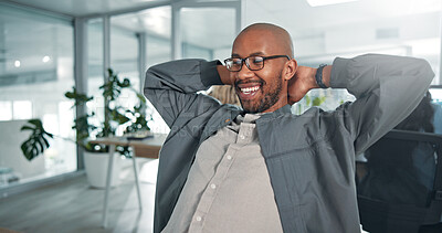 Buy stock photo Relax, smile and black man in office with finished project for magazine agency with target. Happy, calm and African male copywriter with completed article for publishing with deadline in workplace.
