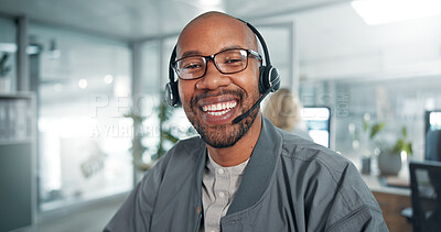 Buy stock photo Call center, businessman and portrait with headset for telemarketing, customer service and happiness. Office, male person and sales consultant with microphone for communication, support and advisory