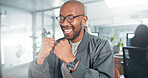 Fist pump, celebration and black man in office with good news for job promotion, success or achievement. Cheering, smile and African male creative editor at magazine agency for publishing target.