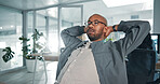 Relax, calm and black man in office with finished project for magazine agency with target. Career, professional and African copywriter with completed article for publishing with deadline in workplace