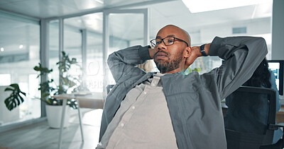 Buy stock photo Relax, calm and black man in office with finished project for magazine agency with target. Career, professional and African copywriter with completed article for publishing with deadline in workplace