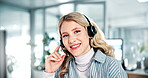 Portrait, office and business woman for customer service, online consulting and sales support. CRM company, administration and person with headset for communication, virtual assistant and contact