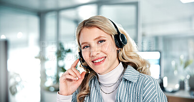 Buy stock photo Portrait, office and business woman for customer service, online consulting and sales support. CRM company, administration and person with headset for communication, virtual assistant and contact
