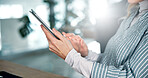 Hands, tablet and business woman reading or research, brand strategist with email check and communication. Notification, social media app and scroll for market insight, campaign or account management
