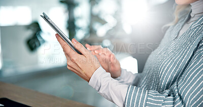 Buy stock photo Hands, tablet and business woman reading or research, brand strategist with email check and communication. Notification, social media app and scroll for market insight, campaign or account management