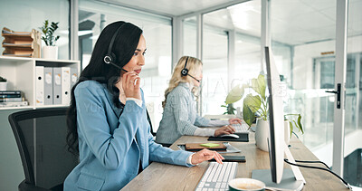 Buy stock photo Computer, communication and contact with woman in call center for assistance or crm consulting. Business, customer service and support with happy employee at work in headset as virtual assistant
