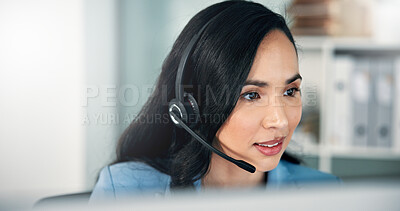 Buy stock photo Computer, office and business woman for customer support, online consulting and sales. CRM company, administration service and person with headset for communication, virtual assistant and contact